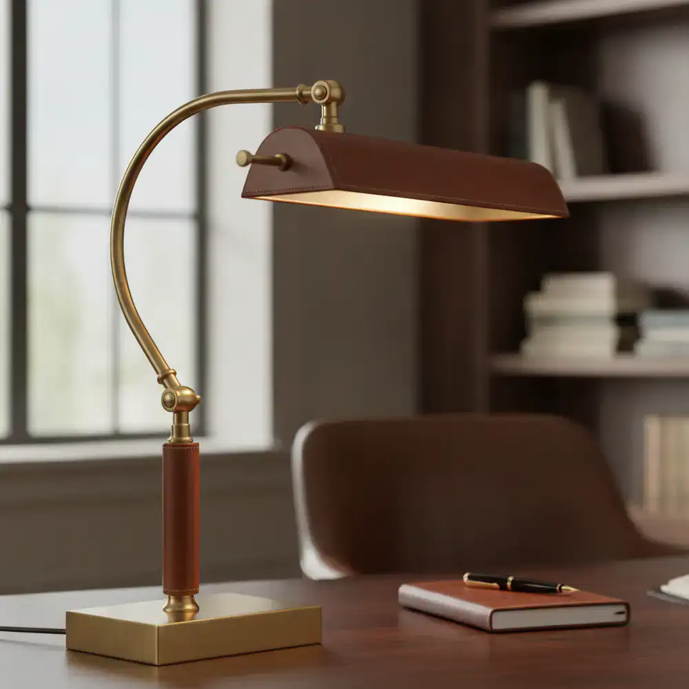 Lampe de bureau direction en laiton et cuir